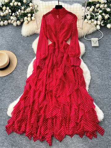 Gentle Polka Dots Long Dress Bow Collar Full Sleeves Ruffles Dresses Maxi Dress - American Thistle Gentle Polka Dots Long Dress Bow Collar Full Sleeves Ruffles Dresses Maxi Dress