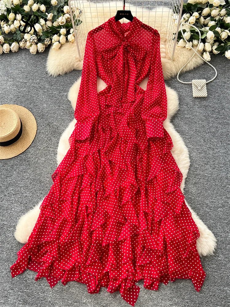 Gentle Polka Dots Long Dress Bow Collar Full Sleeves Ruffles Dresses Maxi Dress - American Thistle Gentle Polka Dots Long Dress Bow Collar Full Sleeves Ruffles Dresses Maxi Dress