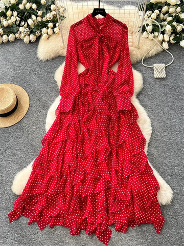 Gentle Polka Dots Long Dress Bow Collar Full Sleeves Ruffles Dresses Maxi Dress - American Thistle Gentle Polka Dots Long Dress Bow Collar Full Sleeves Ruffles Dresses Maxi Dress