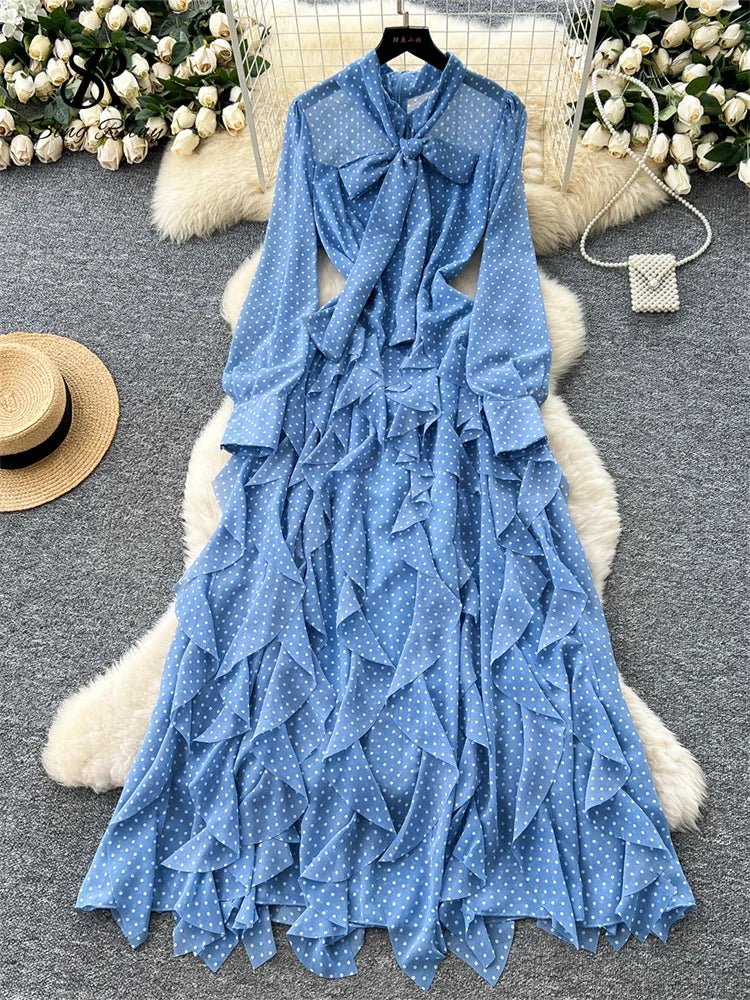 Gentle Polka Dots Long Dress Bow Collar Full Sleeves Ruffles Dresses Maxi Dress - American Thistle Gentle Polka Dots Long Dress Bow Collar Full Sleeves Ruffles Dresses Maxi Dress