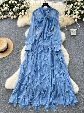 Gentle Polka Dots Long Dress Bow Collar Full Sleeves Ruffles Dresses Maxi Dress - American Thistle Gentle Polka Dots Long Dress Bow Collar Full Sleeves Ruffles Dresses Maxi Dress