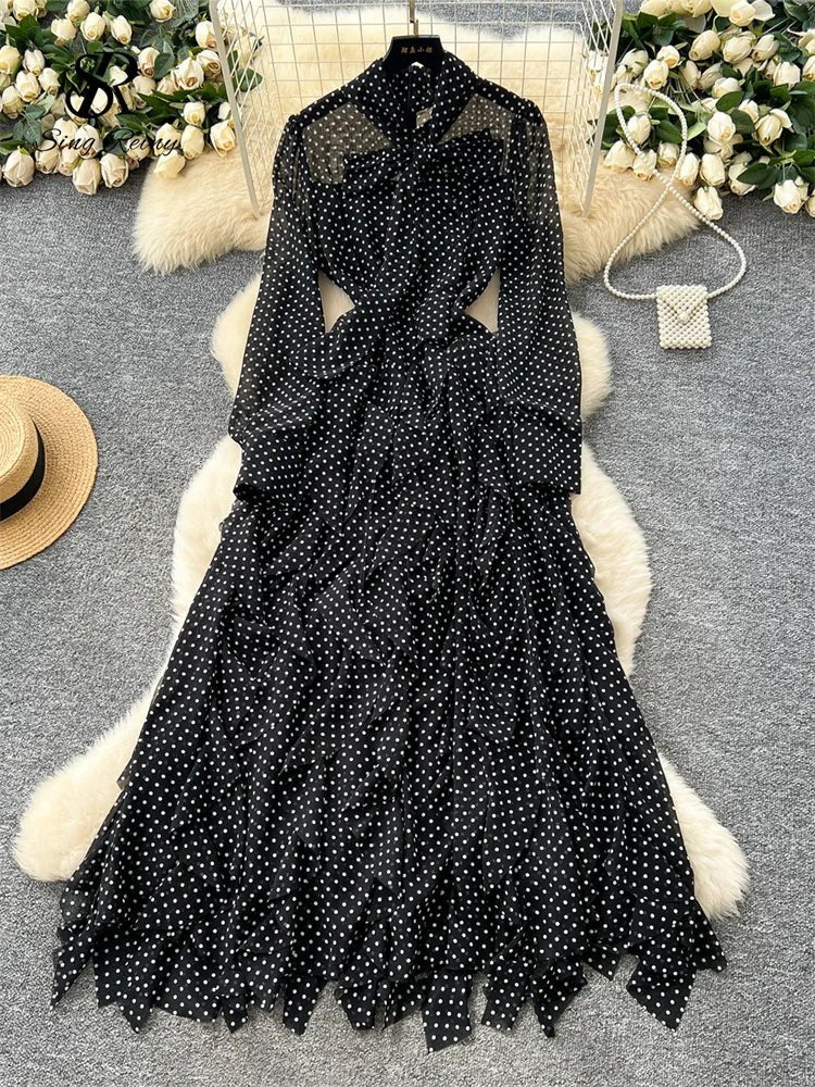 Gentle Polka Dots Long Dress Bow Collar Full Sleeves Ruffles Dresses Maxi Dress - American Thistle Gentle Polka Dots Long Dress Bow Collar Full Sleeves Ruffles Dresses Maxi Dress