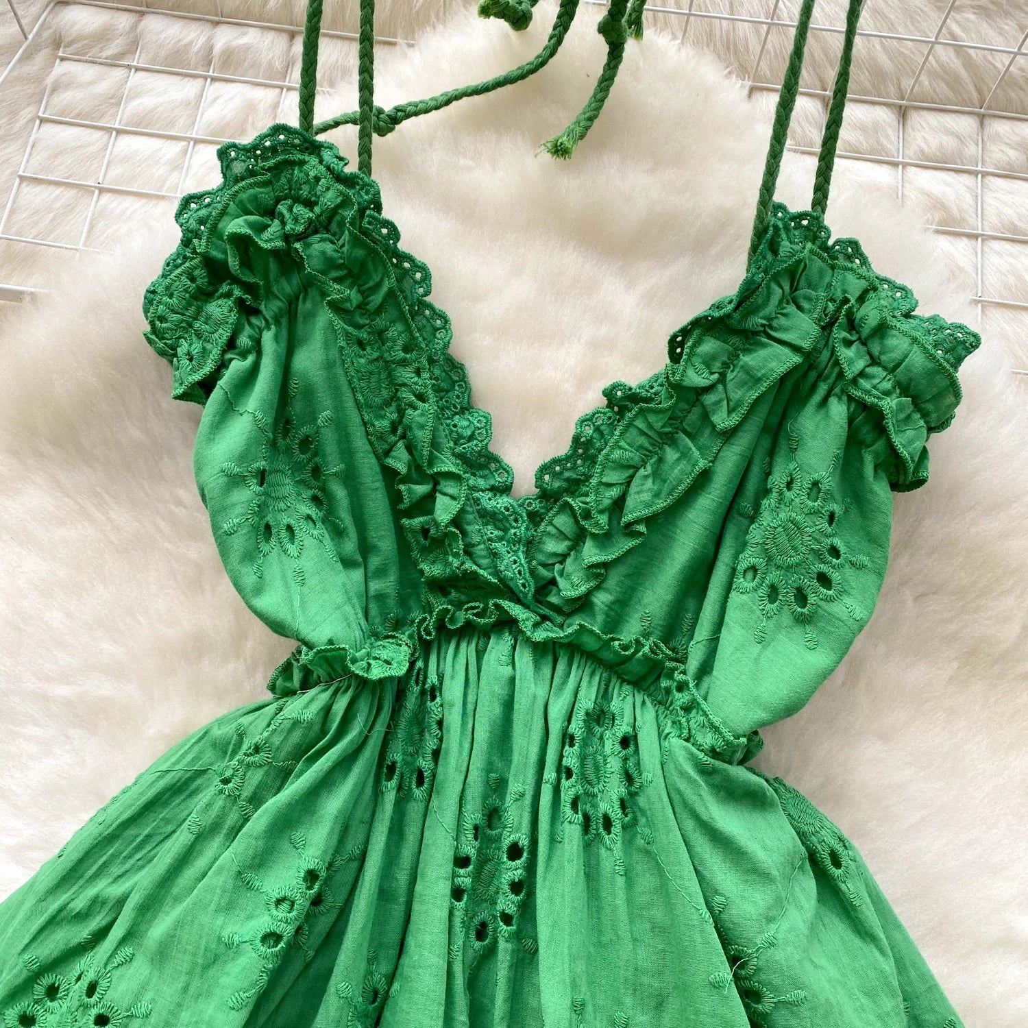 Green French Backless Sweet Dress Halter Sleeveless Hollow Out Embroidery Chic Design Women Fashion Beach Mini Dress - American Thistle Green French Backless Sweet Dress Halter Sleeveless Hollow Out Embroidery Chic Design Women Fashion Beach Mini Dress