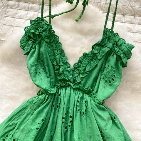 Green French Backless Sweet Dress Halter Sleeveless Hollow Out Embroidery Chic Design Women Fashion Beach Mini Dress - American Thistle Green French Backless Sweet Dress Halter Sleeveless Hollow Out Embroidery Chic Design Women Fashion Beach Mini Dress