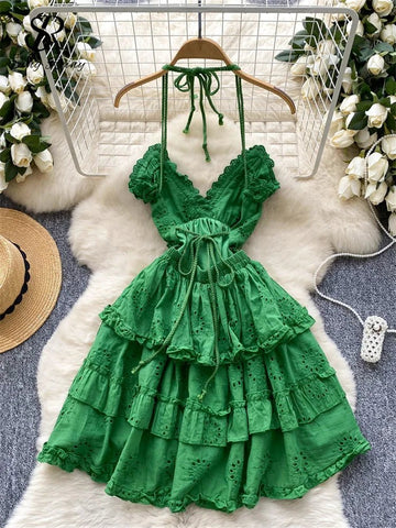 Green French Backless Sweet Dress Halter Sleeveless Hollow Out Embroidery Chic Design Women Fashion Beach Mini Dress - American Thistle Green French Backless Sweet Dress Halter Sleeveless Hollow Out Embroidery Chic Design Women Fashion Beach Mini Dress