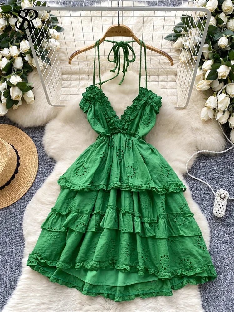 Green French Backless Sweet Dress Halter Sleeveless Hollow Out Embroidery Chic Design Women Fashion Beach Mini Dress - American Thistle Green French Backless Sweet Dress Halter Sleeveless Hollow Out Embroidery Chic Design Women Fashion Beach Mini Dress