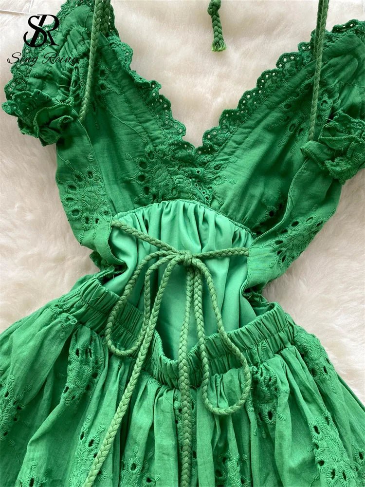 Green French Backless Sweet Dress Halter Sleeveless Hollow Out Embroidery Chic Design Women Fashion Beach Mini Dress - American Thistle Green French Backless Sweet Dress Halter Sleeveless Hollow Out Embroidery Chic Design Women Fashion Beach Mini Dress