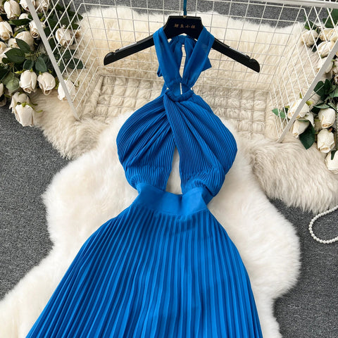 Halter Pleated Dress Hollow Out Backless Solid Women - American Thistle Halter Pleated Dress Hollow Out Backless Solid Women