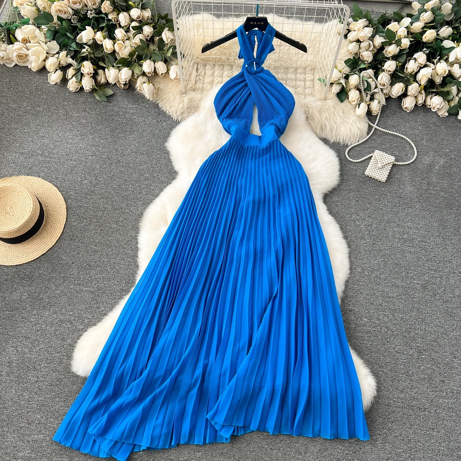 Halter Pleated Dress Hollow Out Backless Solid Women - American Thistle Halter Pleated Dress Hollow Out Backless Solid Women