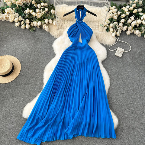 Halter Pleated Dress Hollow Out Backless Solid Women - American Thistle Halter Pleated Dress Hollow Out Backless Solid Women