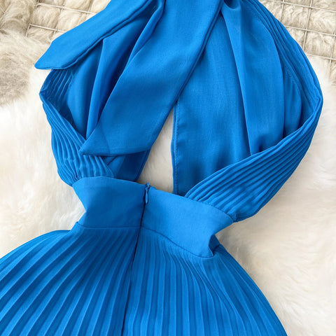 Halter Pleated Dress Hollow Out Backless Solid Women - American Thistle Halter Pleated Dress Hollow Out Backless Solid Women