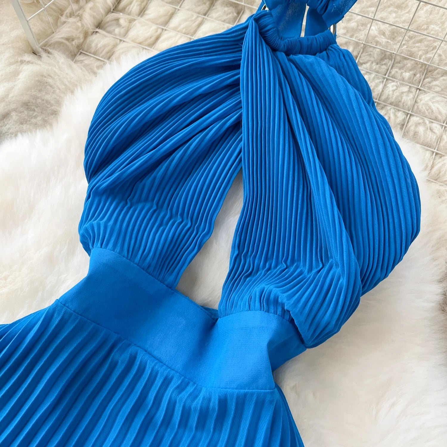 Halter Pleated Dress Hollow Out Backless Solid Women - American Thistle Halter Pleated Dress Hollow Out Backless Solid Women