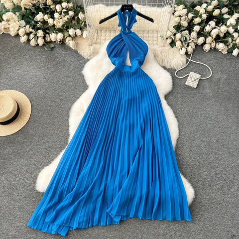 Halter Pleated Dress Hollow Out Backless Solid Women - American Thistle Halter Pleated Dress Hollow Out Backless Solid Women