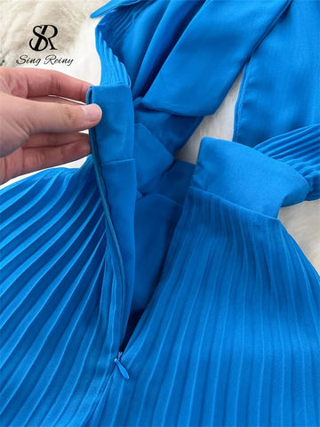 Halter Pleated Dress Hollow Out Backless Solid Women - American Thistle Halter Pleated Dress Hollow Out Backless Solid Women