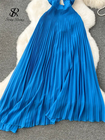 Halter Pleated Dress Hollow Out Backless Solid Women - American Thistle Halter Pleated Dress Hollow Out Backless Solid Women