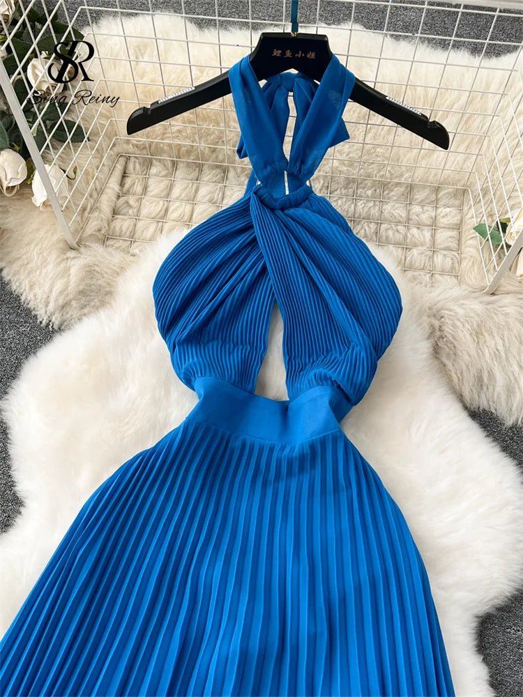 Halter Pleated Dress Hollow Out Backless Solid Women - American Thistle Halter Pleated Dress Hollow Out Backless Solid Women