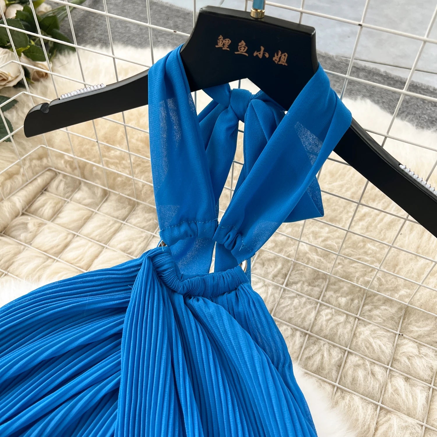 Halter Pleated Dress Hollow Out Backless Solid Women - American Thistle Halter Pleated Dress Hollow Out Backless Solid Women