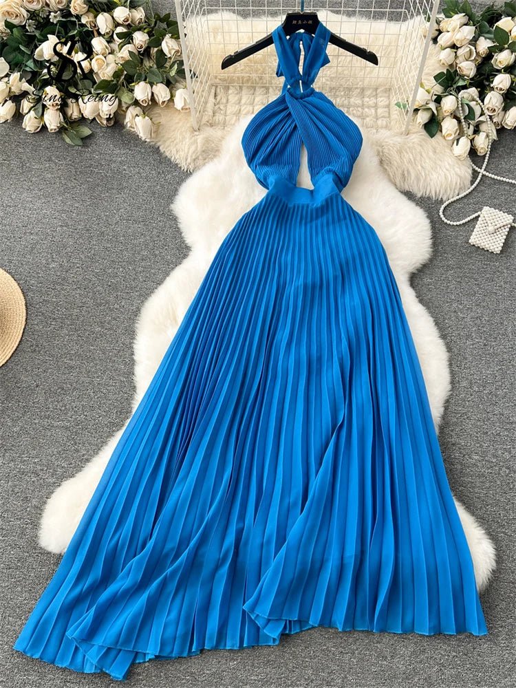 Halter Pleated Dress Hollow Out Backless Solid Women - American Thistle Halter Pleated Dress Hollow Out Backless Solid Women