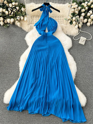 Halter Pleated Dress Hollow Out Backless Solid Women - American Thistle Halter Pleated Dress Hollow Out Backless Solid Women