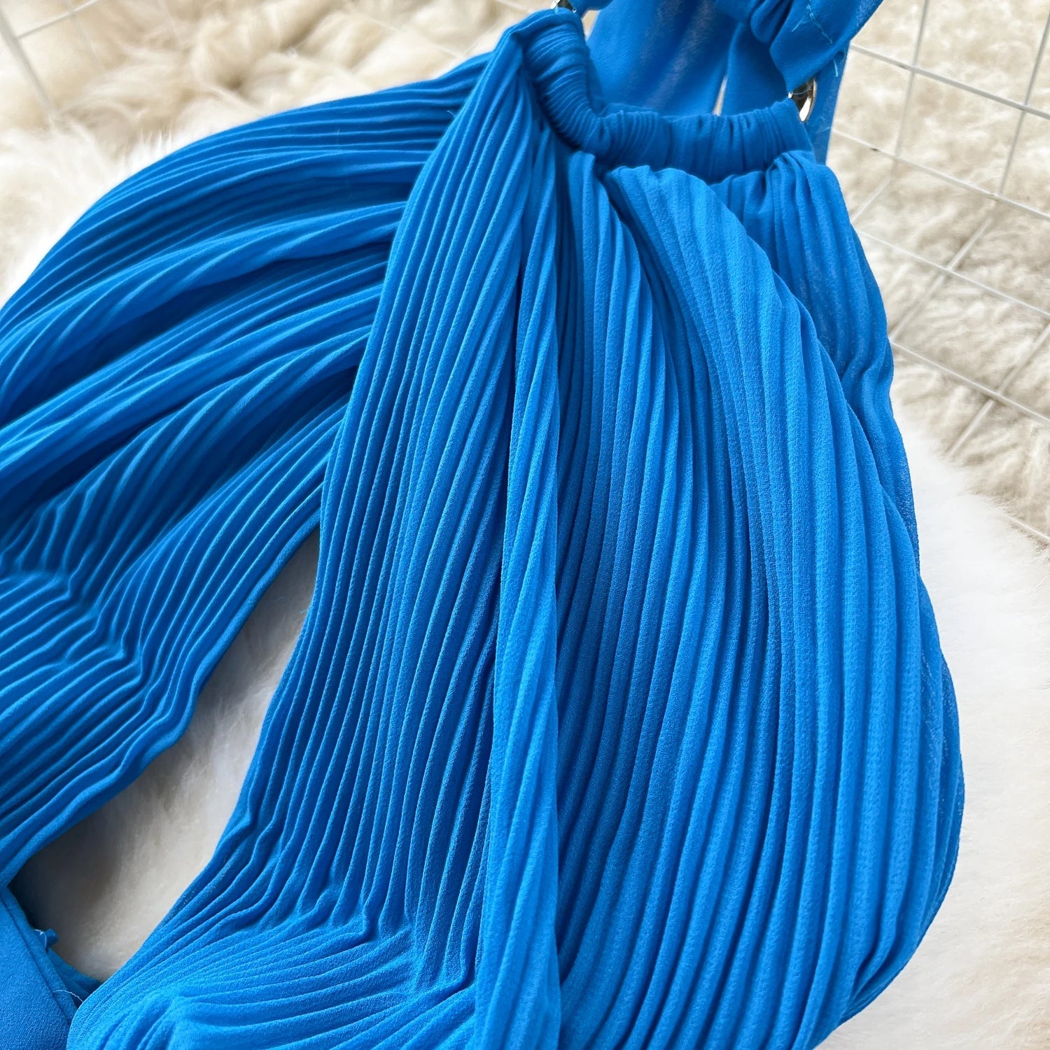 Halter Pleated Dress Hollow Out Backless Solid Women - American Thistle Halter Pleated Dress Hollow Out Backless Solid Women