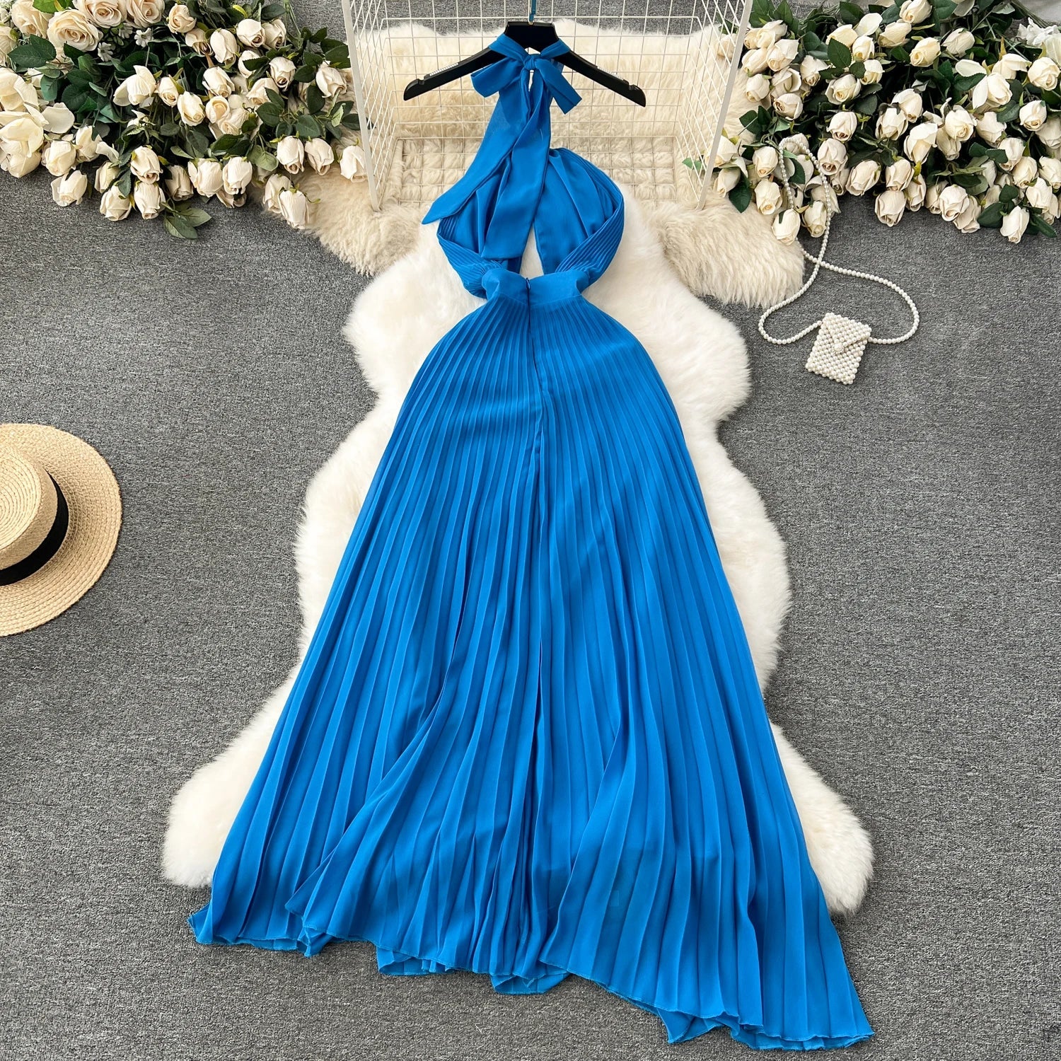 Halter Pleated Dress Hollow Out Backless Solid Women - American Thistle Halter Pleated Dress Hollow Out Backless Solid Women
