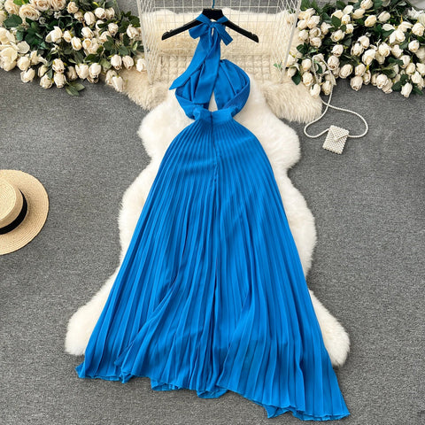 Halter Pleated Dress Hollow Out Backless Solid Women - American Thistle Halter Pleated Dress Hollow Out Backless Solid Women