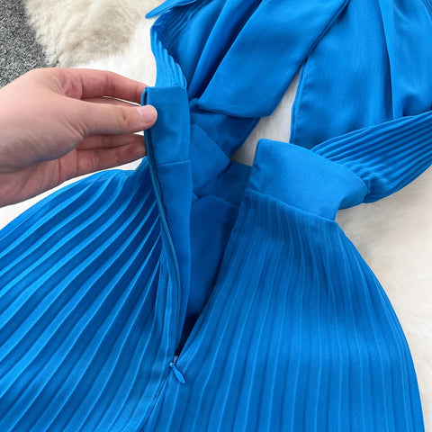 Halter Pleated Dress Hollow Out Backless Solid Women - American Thistle Halter Pleated Dress Hollow Out Backless Solid Women