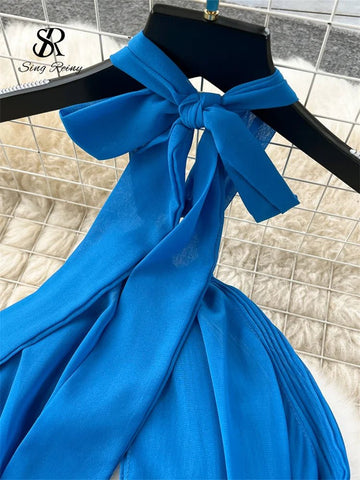 Halter Pleated Dress Hollow Out Backless Solid Women - American Thistle Halter Pleated Dress Hollow Out Backless Solid Women