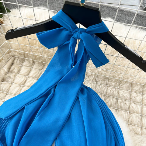 Halter Pleated Dress Hollow Out Backless Solid Women - American Thistle Halter Pleated Dress Hollow Out Backless Solid Women