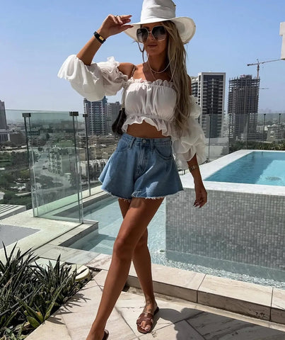 High - Waisted Denim Shorts In Style Umbrella Shape American And European - American Thistle High - Waisted Denim Shorts In Style Umbrella Shape American And European
