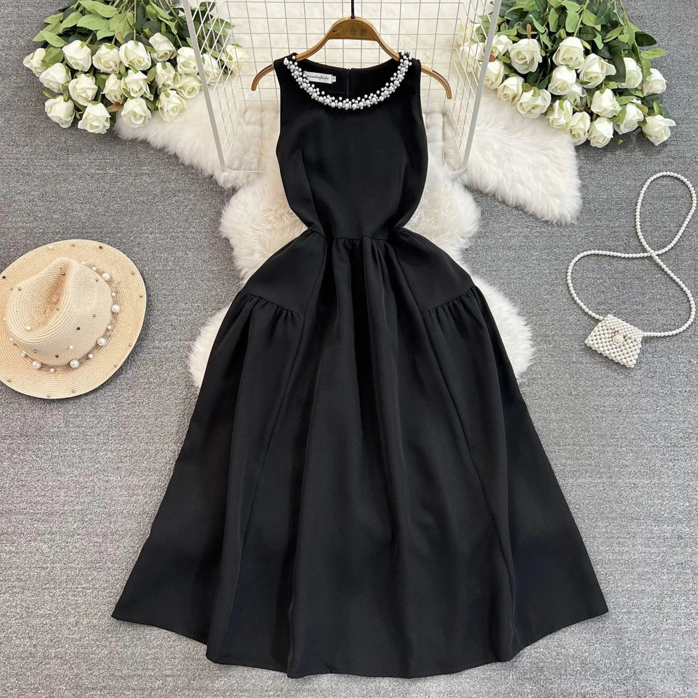 Holiday Sleeveless Black Dress Diamond Beaded Chain Collar Evening Dress Women - American Thistle Holiday Sleeveless Black Dress Diamond Beaded Chain Collar Evening Dress Women