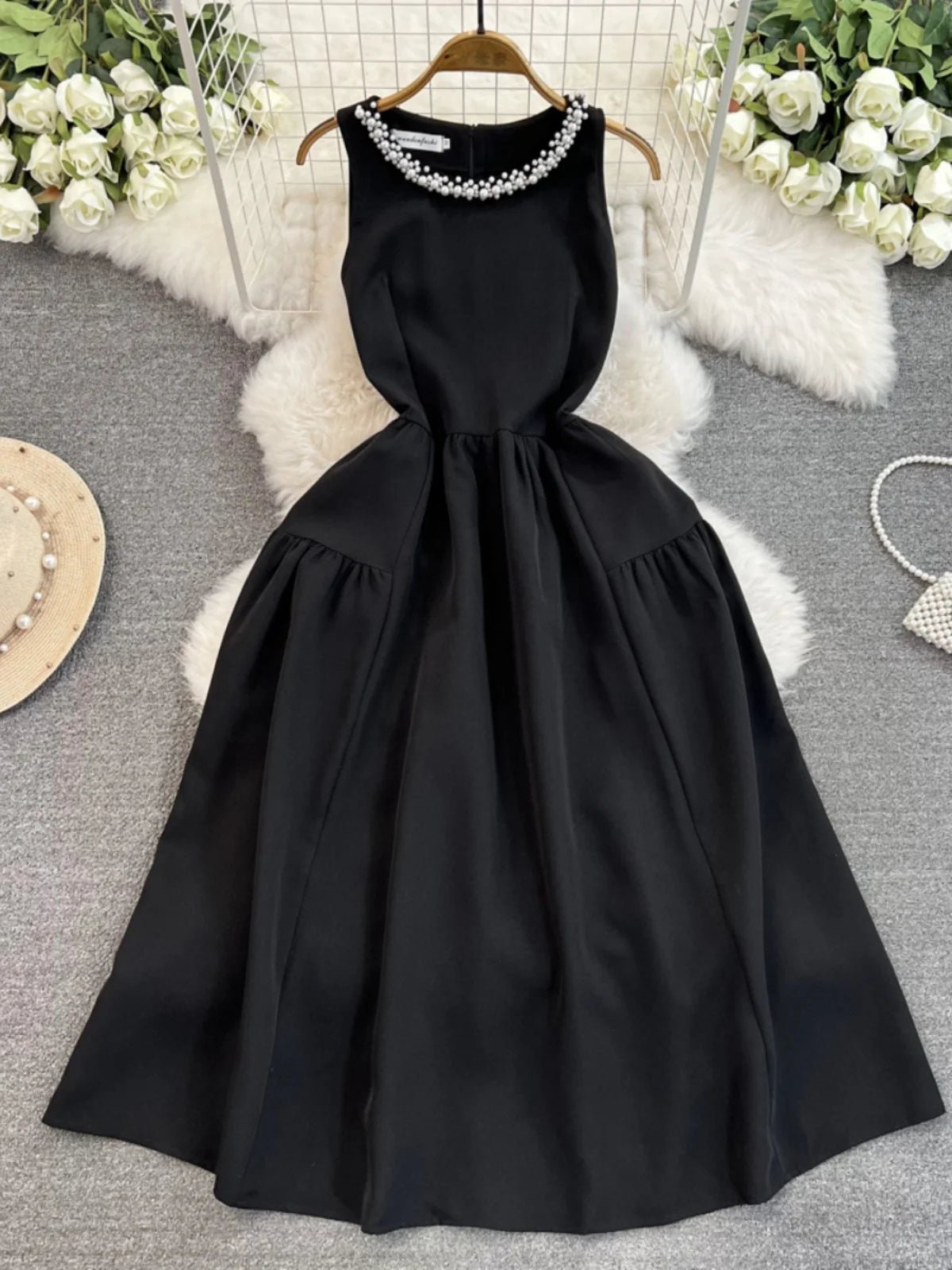 Holiday Sleeveless Black Dress Diamond Beaded Chain Collar Evening Dress Women - American Thistle Holiday Sleeveless Black Dress Diamond Beaded Chain Collar Evening Dress Women