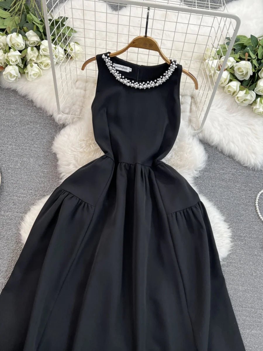 Holiday Sleeveless Black Dress Diamond Beaded Chain Collar Evening Dress Women - American Thistle Holiday Sleeveless Black Dress Diamond Beaded Chain Collar Evening Dress Women