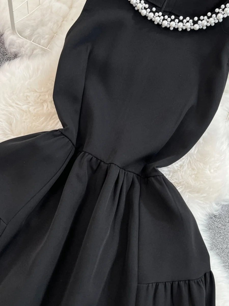 Holiday Sleeveless Black Dress Diamond Beaded Chain Collar Evening Dress Women - American Thistle Holiday Sleeveless Black Dress Diamond Beaded Chain Collar Evening Dress Women