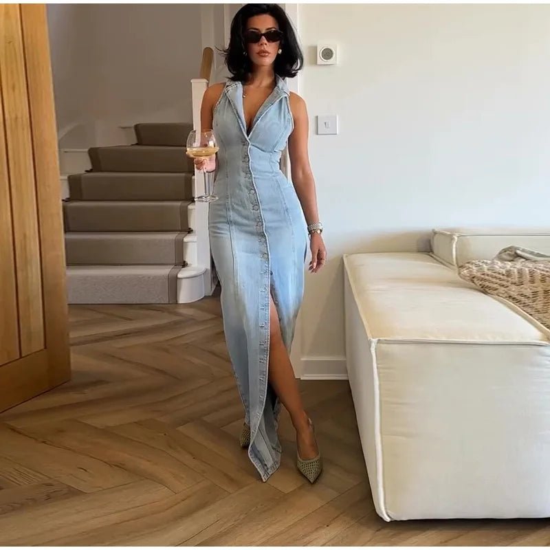 Jean Long Dress For Women Turn - down Collar Sleeveless - American Thistle Jean Long Dress For Women Turn - down Collar Sleeveless