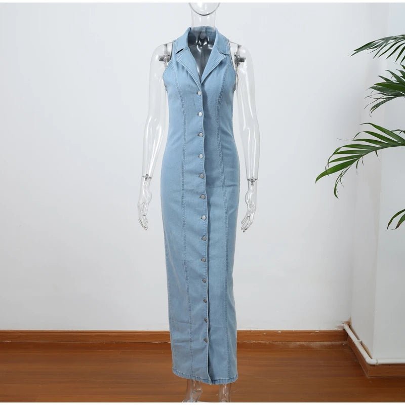 Jean Long Dress For Women Turn - down Collar Sleeveless - American Thistle Jean Long Dress For Women Turn - down Collar Sleeveless