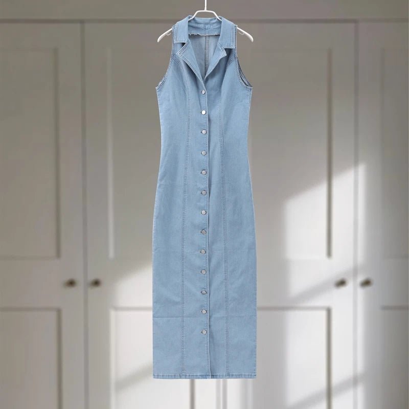 Jean Long Dress For Women Turn - down Collar Sleeveless - American Thistle Jean Long Dress For Women Turn - down Collar Sleeveless