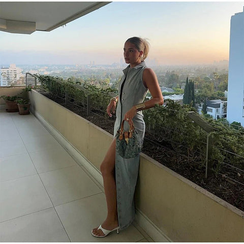 Jean Long Dress For Women Turn - down Collar Sleeveless - American Thistle Jean Long Dress For Women Turn - down Collar Sleeveless