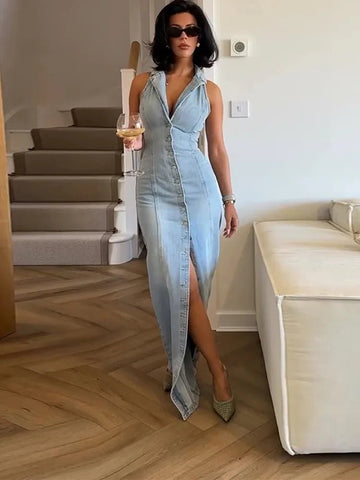 Jean Long Dress For Women Turn - down Collar Sleeveless - American Thistle Jean Long Dress For Women Turn - down Collar Sleeveless