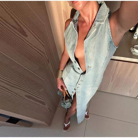 Jean Long Dress For Women Turn - down Collar Sleeveless - American Thistle Jean Long Dress For Women Turn - down Collar Sleeveless