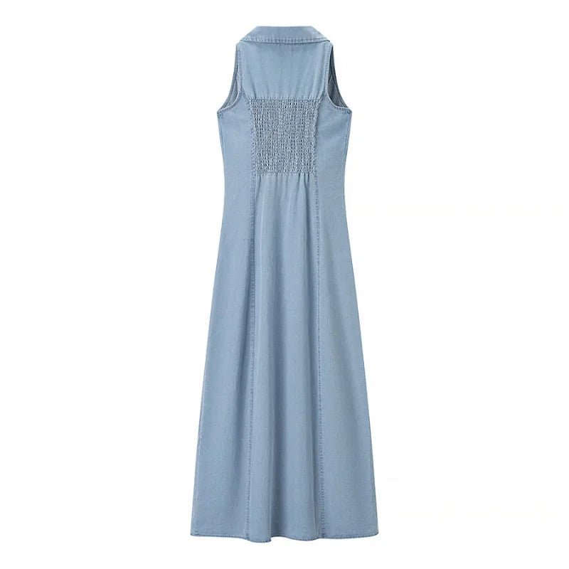 Jean Long Dress For Women Turn - down Collar Sleeveless - American Thistle Jean Long Dress For Women Turn - down Collar Sleeveless