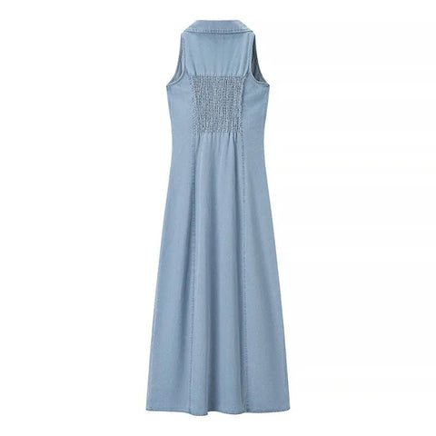 Jean Long Dress For Women Turn - down Collar Sleeveless - American Thistle Jean Long Dress For Women Turn - down Collar Sleeveless