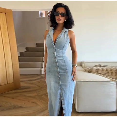 Jean Long Dress For Women Turn - down Collar Sleeveless - American Thistle Jean Long Dress For Women Turn - down Collar Sleeveless