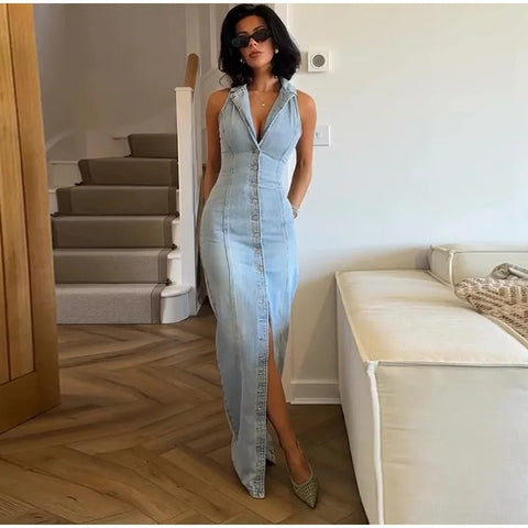 Jean Long Dress For Women Turn - down Collar Sleeveless - American Thistle Jean Long Dress For Women Turn - down Collar Sleeveless