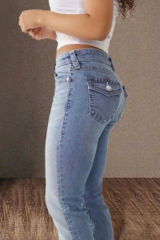 Jeans Pencil Pants Women Vintage Denims Mid Waist Strecth Pockets Buttons Washed Distressed - American Thistle Jeans Pencil Pants Women Vintage Denims Mid Waist Strecth Pockets Buttons Washed Distressed