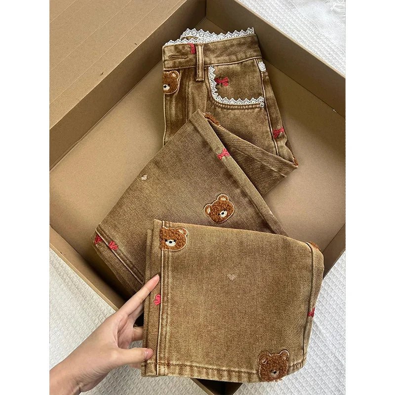 Lace Teddy Bear Embroidered Patchwork Design Wide leg Jeans - American Thistle Lace Teddy Bear Embroidered Patchwork Design Wide leg Jeanspants