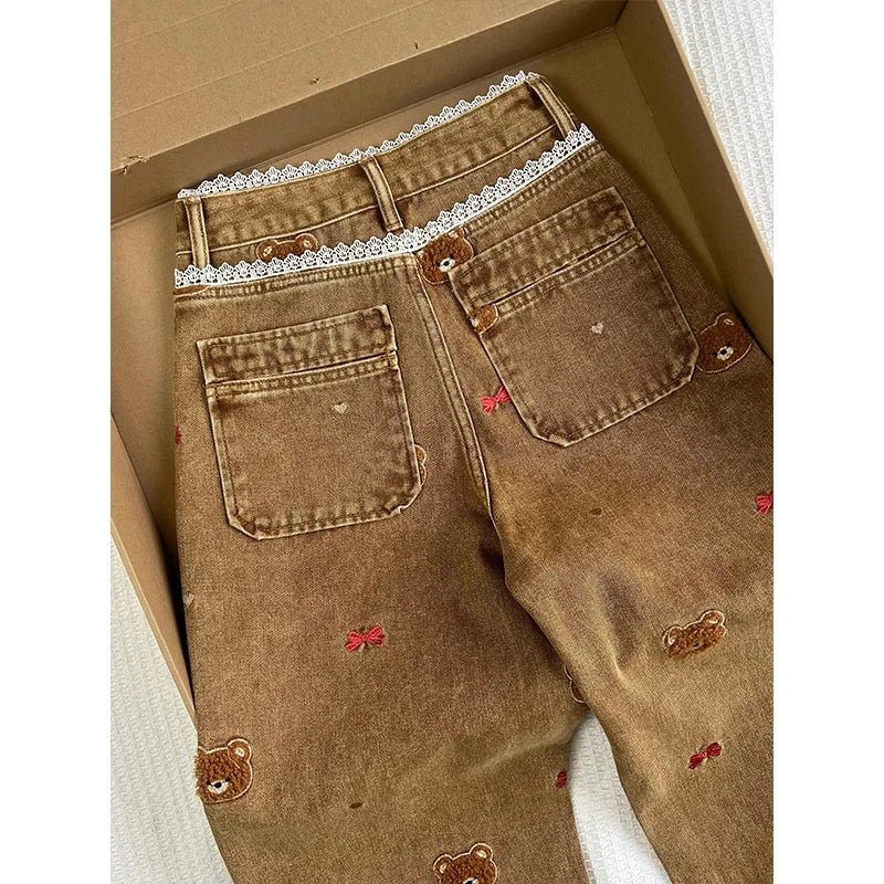 Lace Teddy Bear Embroidered Patchwork Design Wide leg Jeans - American Thistle Lace Teddy Bear Embroidered Patchwork Design Wide leg Jeanspants