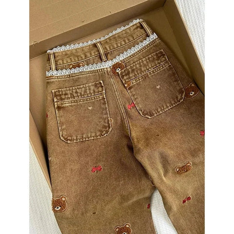 Lace Teddy Bear Embroidered Patchwork Design Wide leg Jeans - American Thistle Lace Teddy Bear Embroidered Patchwork Design Wide leg Jeanspants