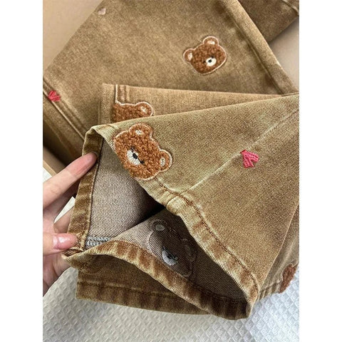 Lace Teddy Bear Embroidered Patchwork Design Wide leg Jeans - American Thistle Lace Teddy Bear Embroidered Patchwork Design Wide leg Jeanspants