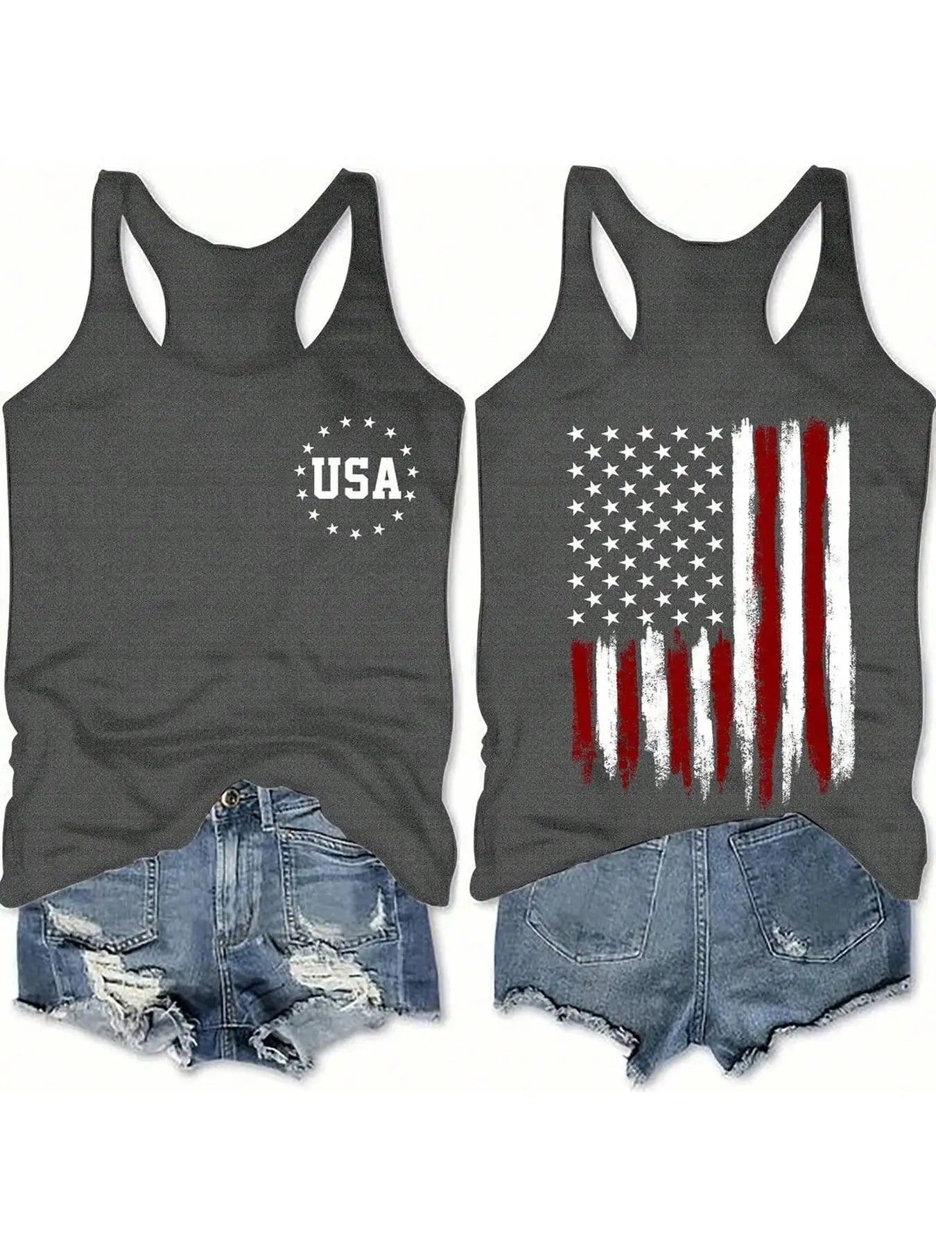 Ladies' American flag double - sided printed I - back vest, summer casual sleeveless top, popular style - American ThistleLadies' American flag double - sided printed I - back vest, summer casual sleeveless top, popular style